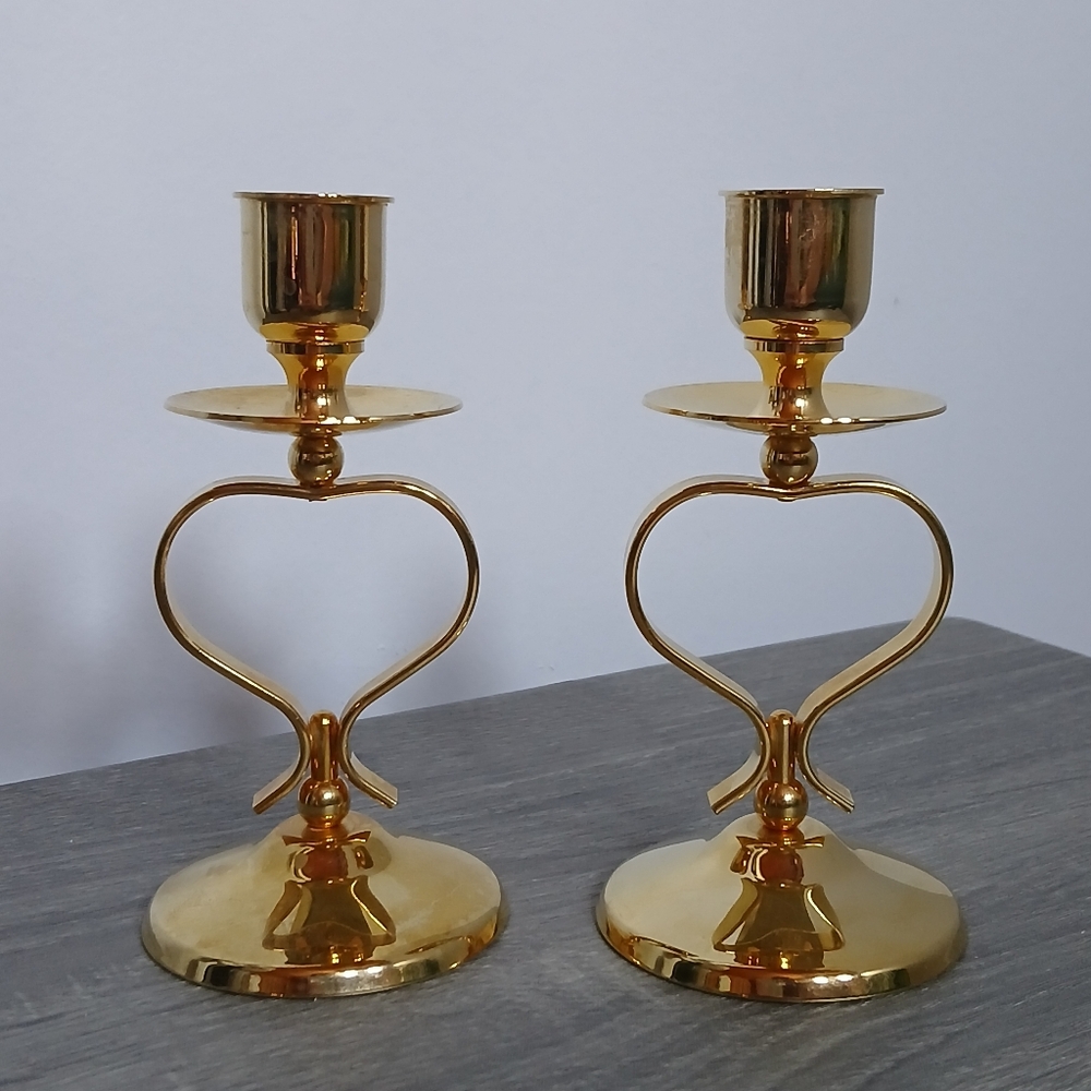 Vintage Pair of 5" Goldtone Metal Brass Heart Shaped Candle Holders